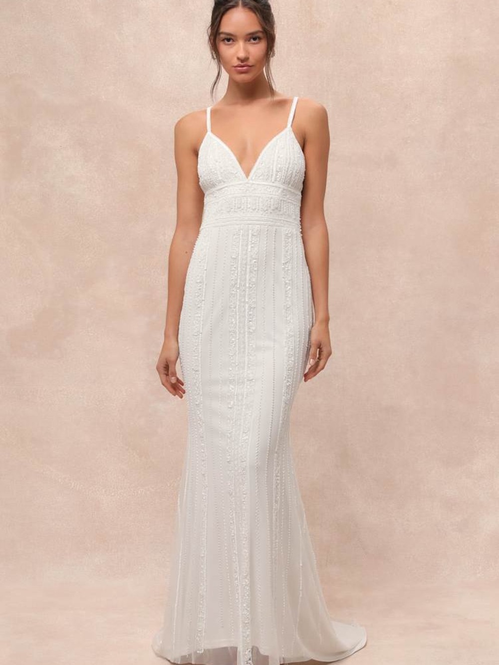 Lulu's White Beaded Spaghetti-Strap Wedding Gown
